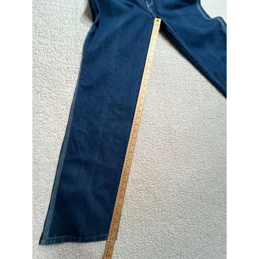 VTG 70s High Waisted Straight Leg Denim Jeans Dark Wash Contrast Stitch 32x33 - Picture 6 of 12